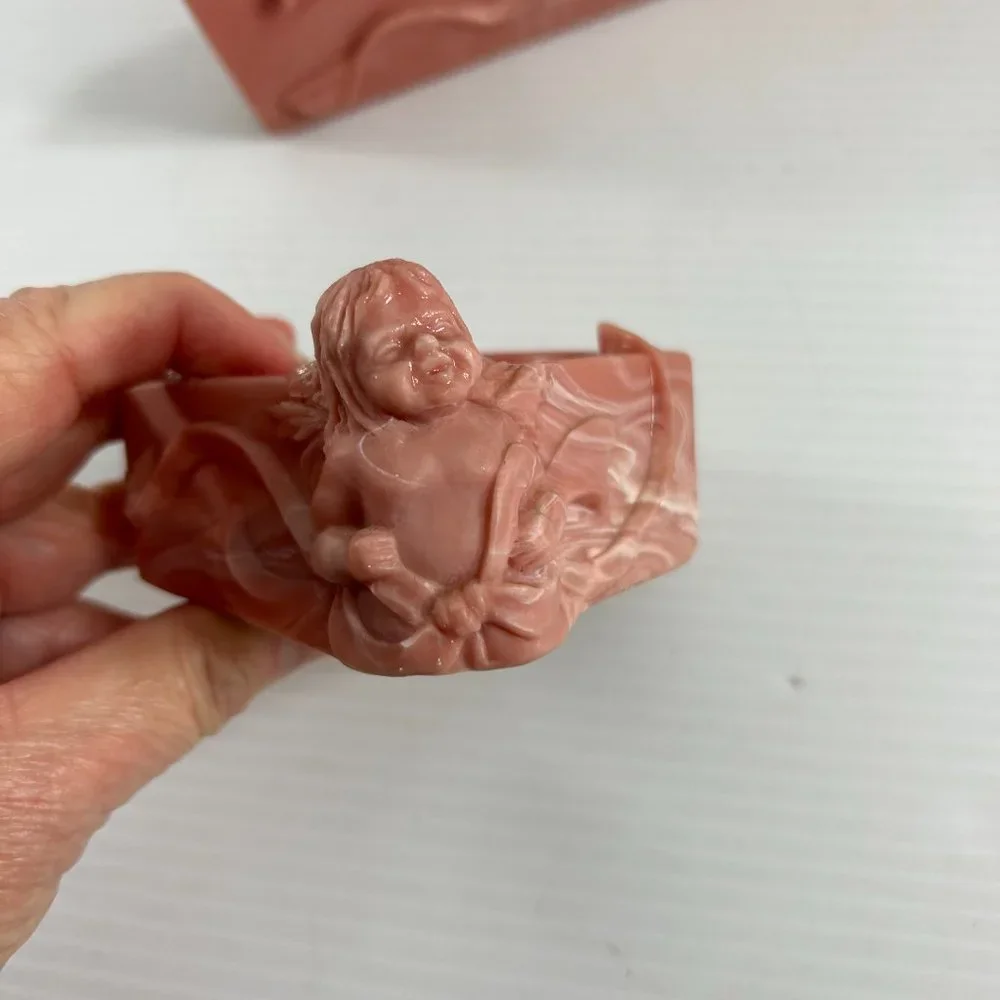 Vintage Hard Resin Rose Pink Cherub Angel Bathroom Set Towel Holder Soap Holder